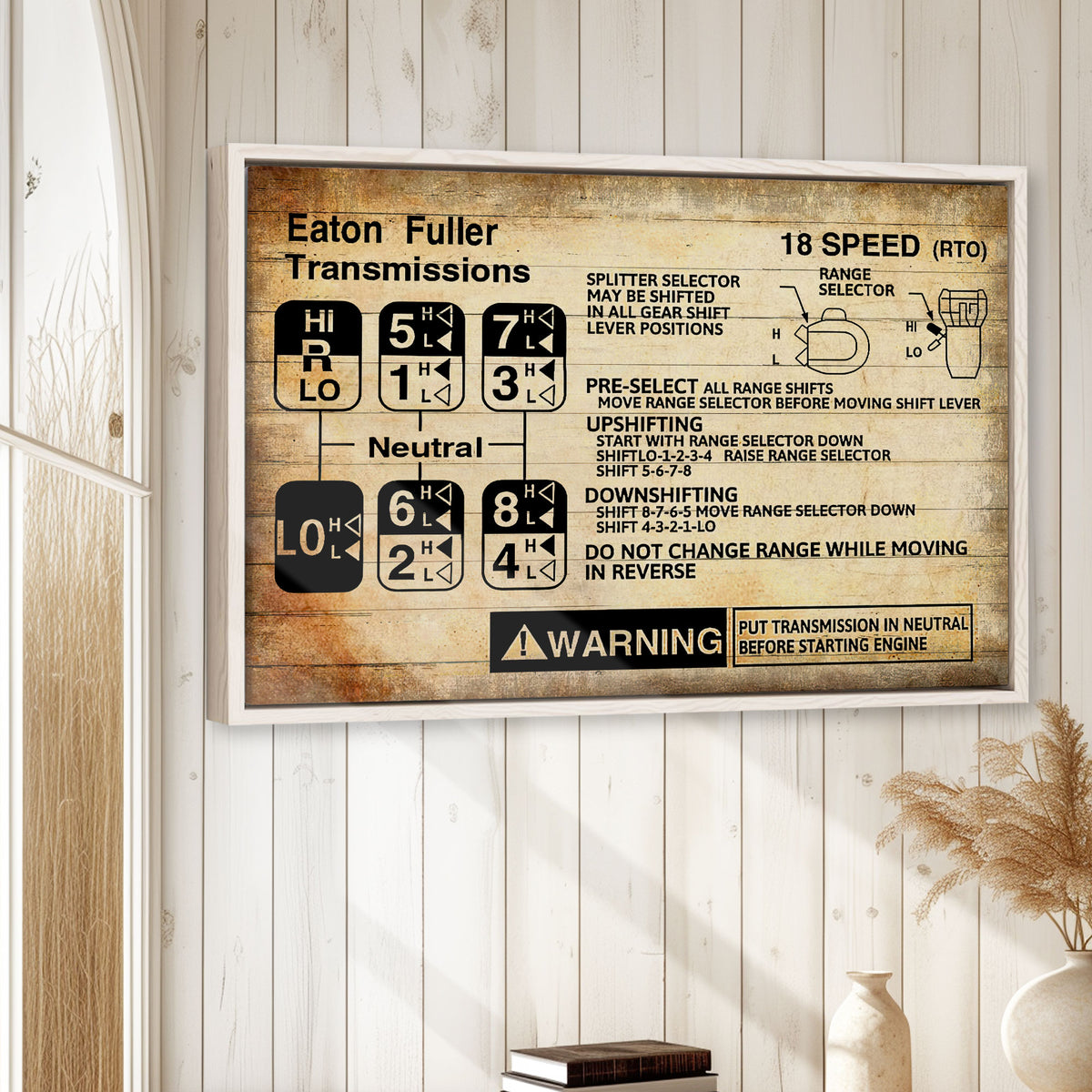 Framed trucker wall art displayed in a bright rustic room with white wood paneling