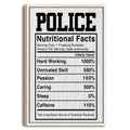 Framed police nutritional facts wall art with bold black lettering and a natural wood frame