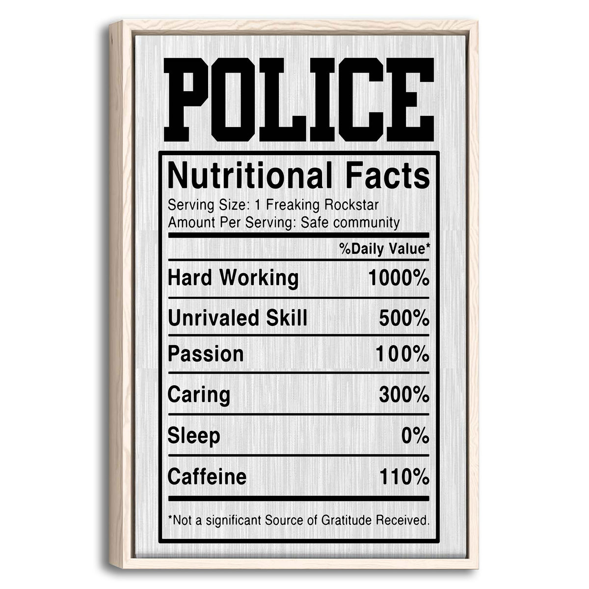 Framed police nutritional facts wall art with bold black lettering and a natural wood frame