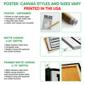 Police wall art format guide showing unframed poster, matte canvas, and framed canvas options