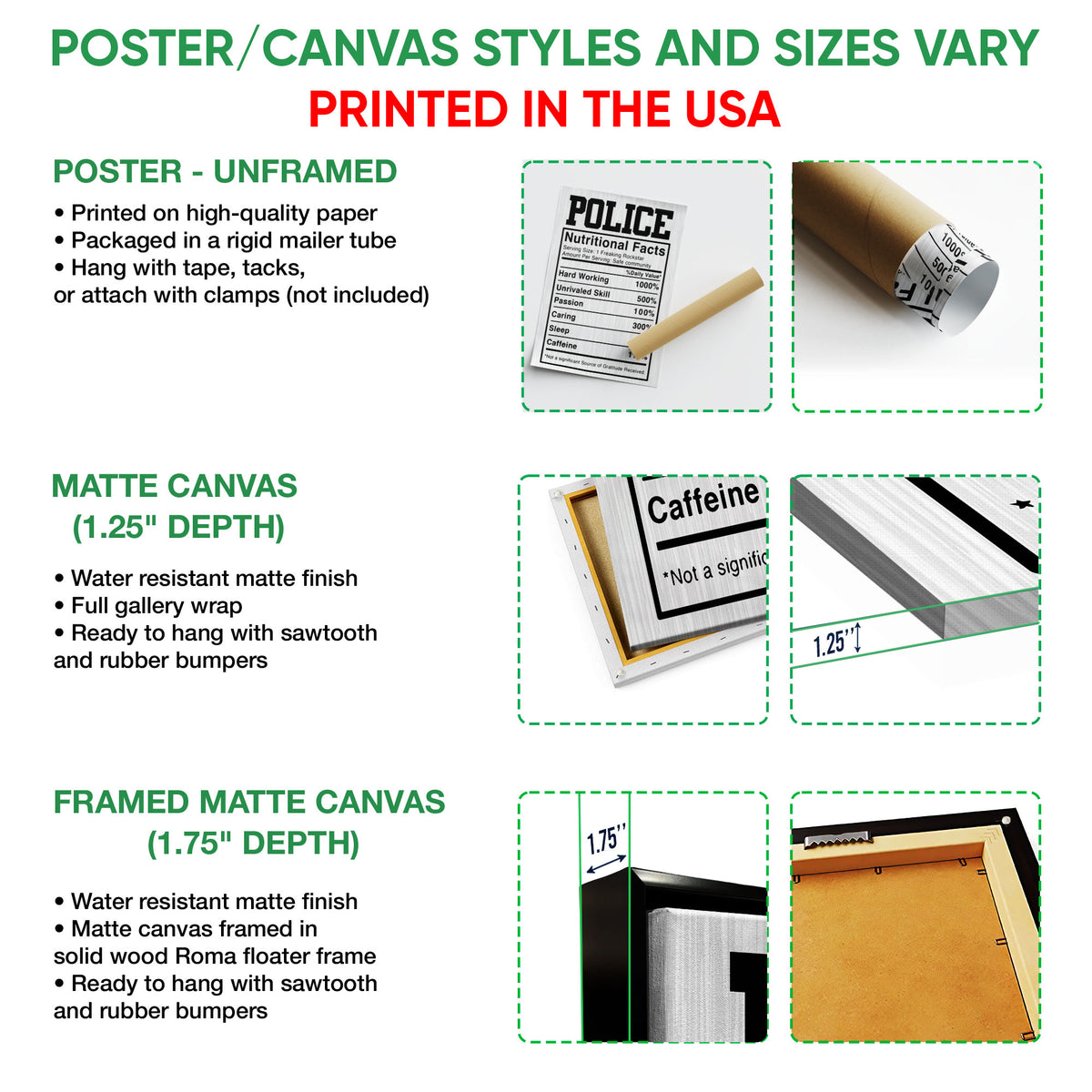 Police wall art format guide showing unframed poster, matte canvas, and framed canvas options