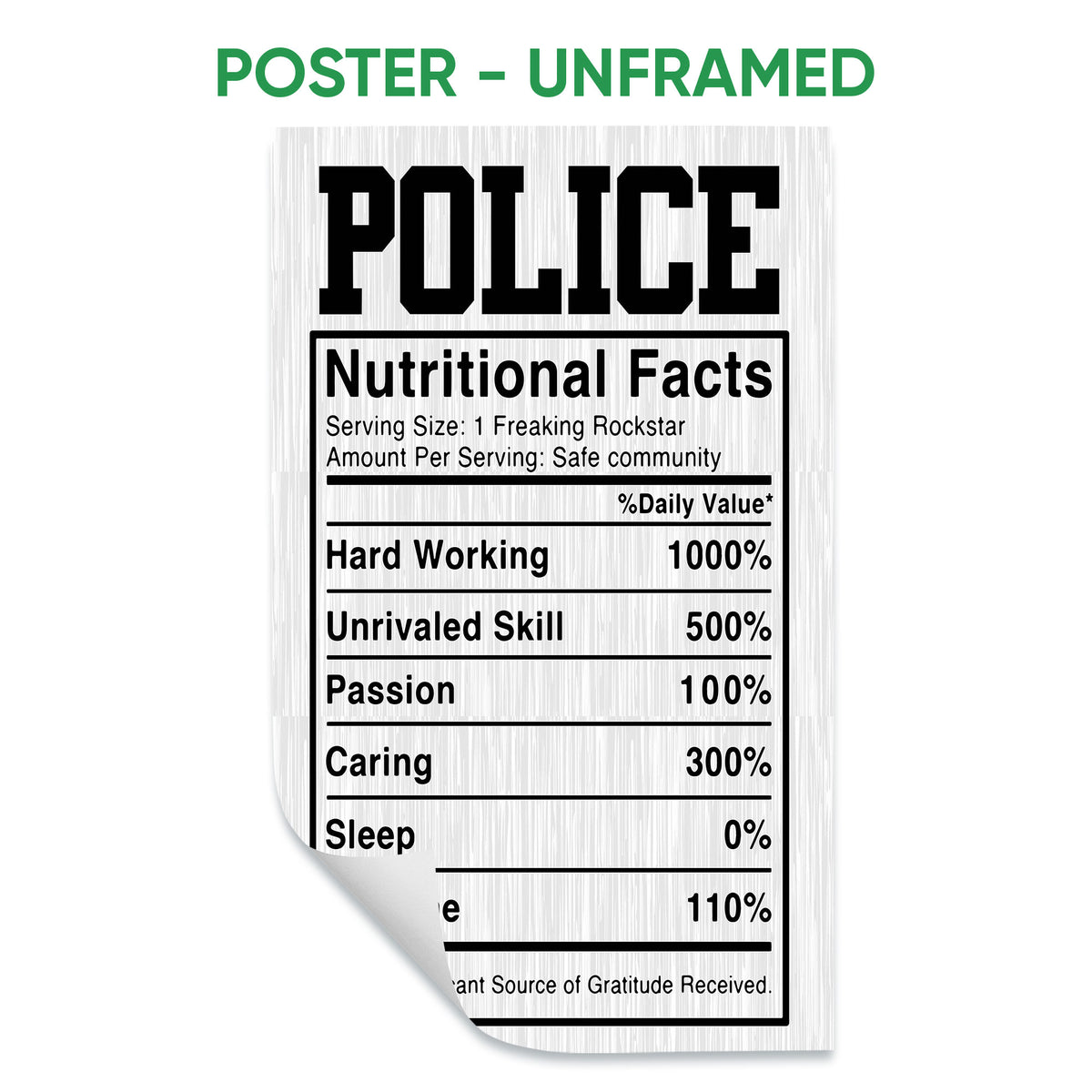 Unframed police nutritional facts poster with bold black typography on a light textured background