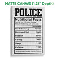 Police nutritional facts design displayed as matte canvas wall art with a light textured finish