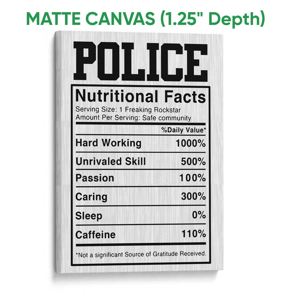Police nutritional facts design displayed as matte canvas wall art with a light textured finish