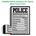 Police nutritional facts wall art shown in a black framed canvas with a close-up frame detail