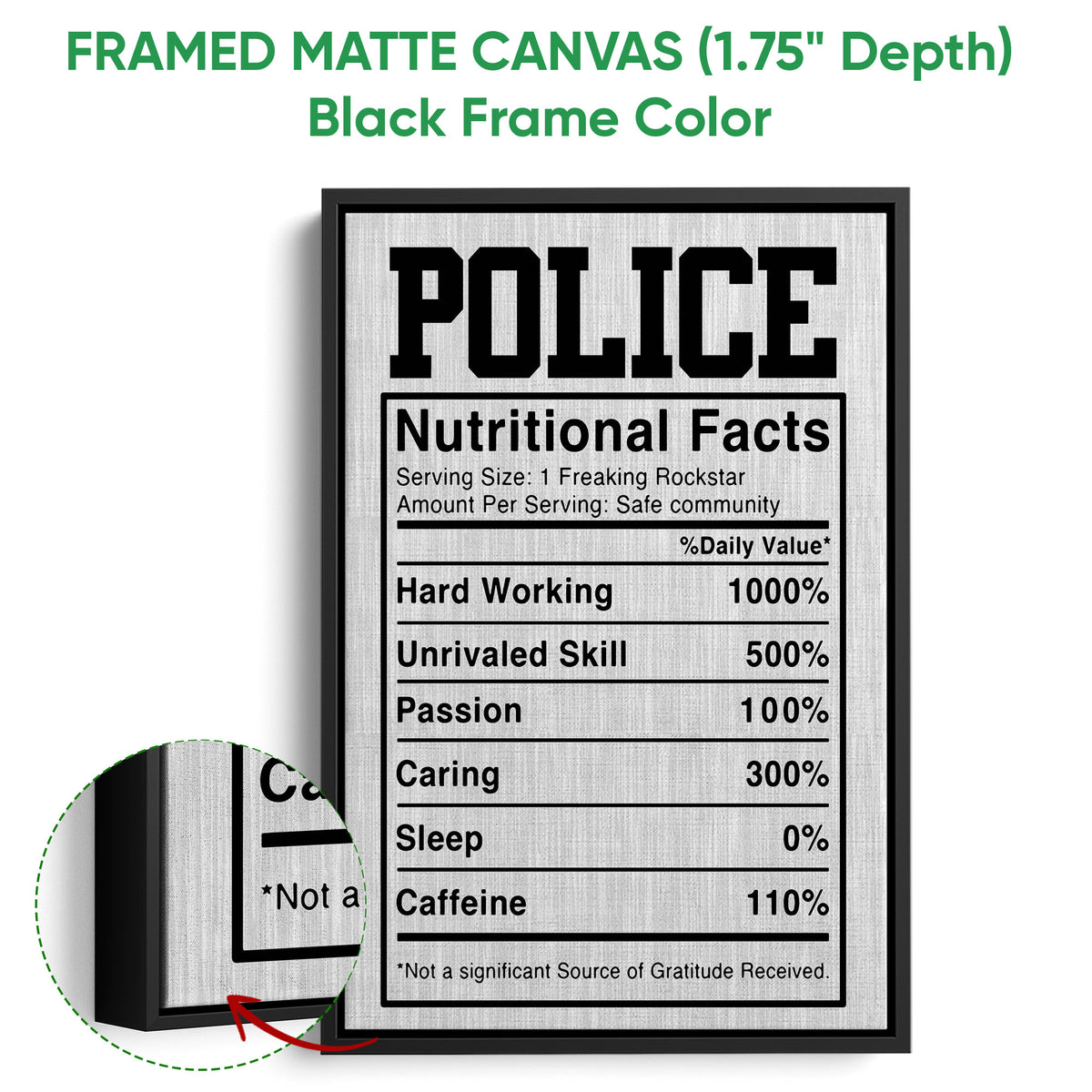 Police nutritional facts wall art shown in a black framed canvas with a close-up frame detail