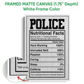 Police nutritional facts wall art shown in a white framed canvas with a close-up frame detail