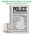 Police nutritional facts wall art shown in a natural wood framed canvas with a close-up detail