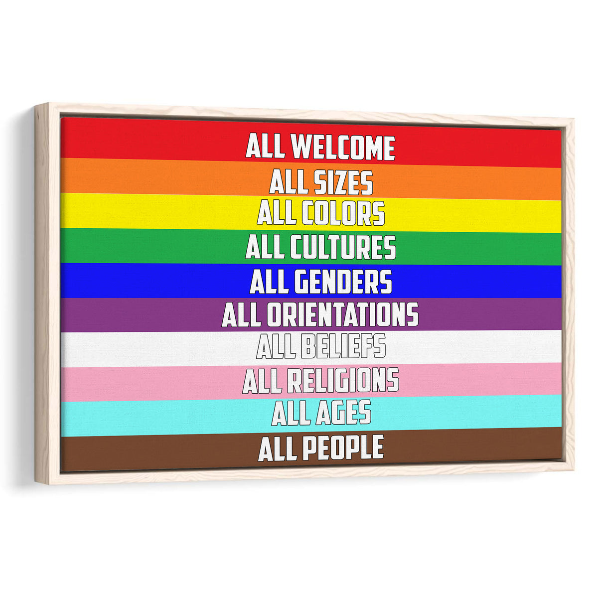 Framed rainbow LGBT wall art with an inclusive message celebrating all genders, orientations, beliefs, and people