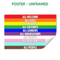 Unframed LGBT poster with colorful horizontal rainbow stripes and an inclusive all-people message
