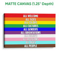 Matte canvas LGBT wall art featuring vivid rainbow stripes and inclusive lettering