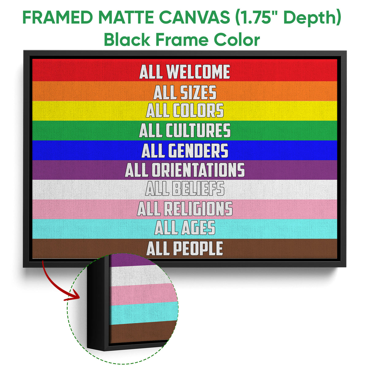 Black framed canvas LGBT wall art with colorful pride-inspired stripes and inclusive wording