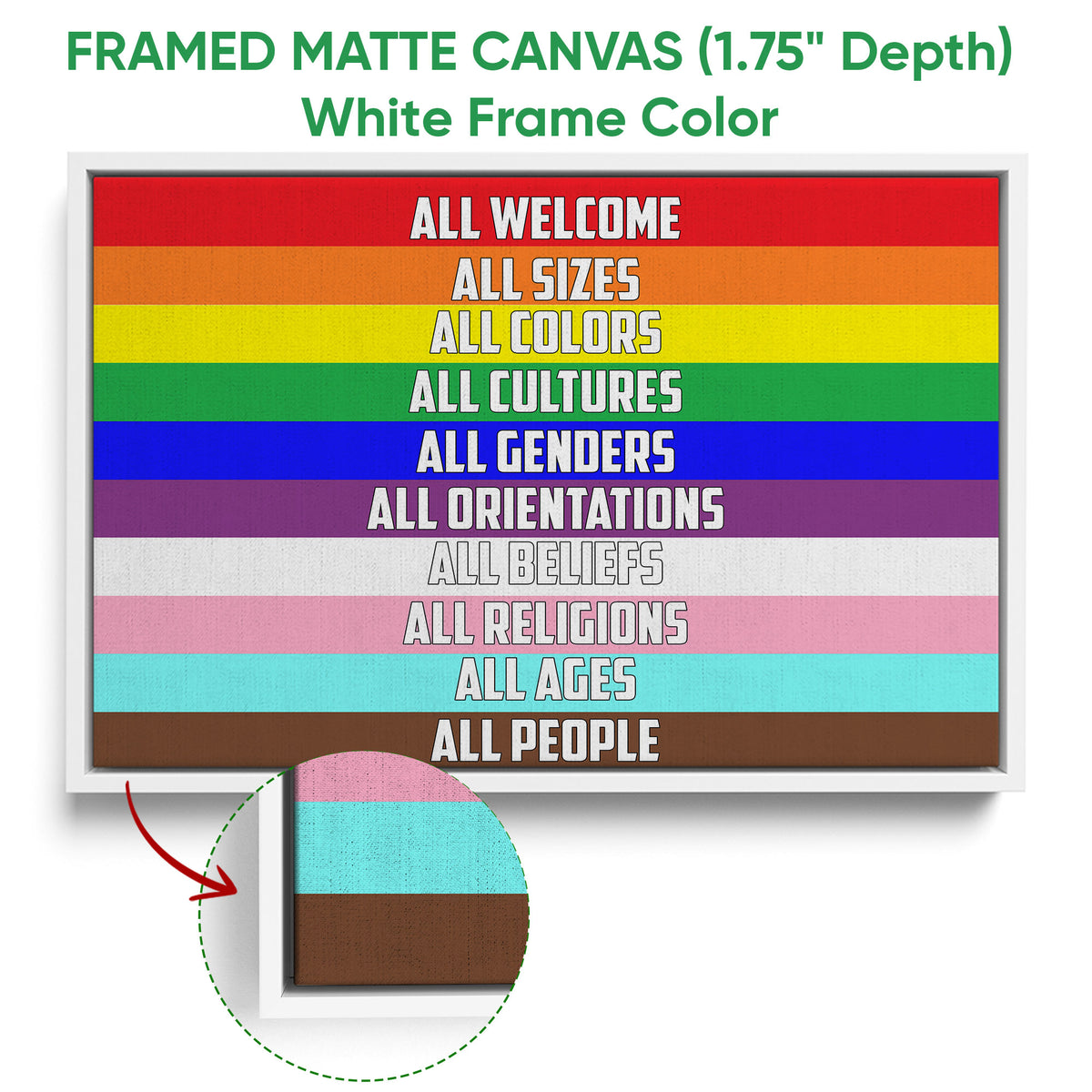White framed canvas LGBT wall art with rainbow stripes and a welcoming inclusive message