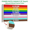 Natural wood framed LGBT canvas wall art with bright rainbow stripes and inclusive lettering