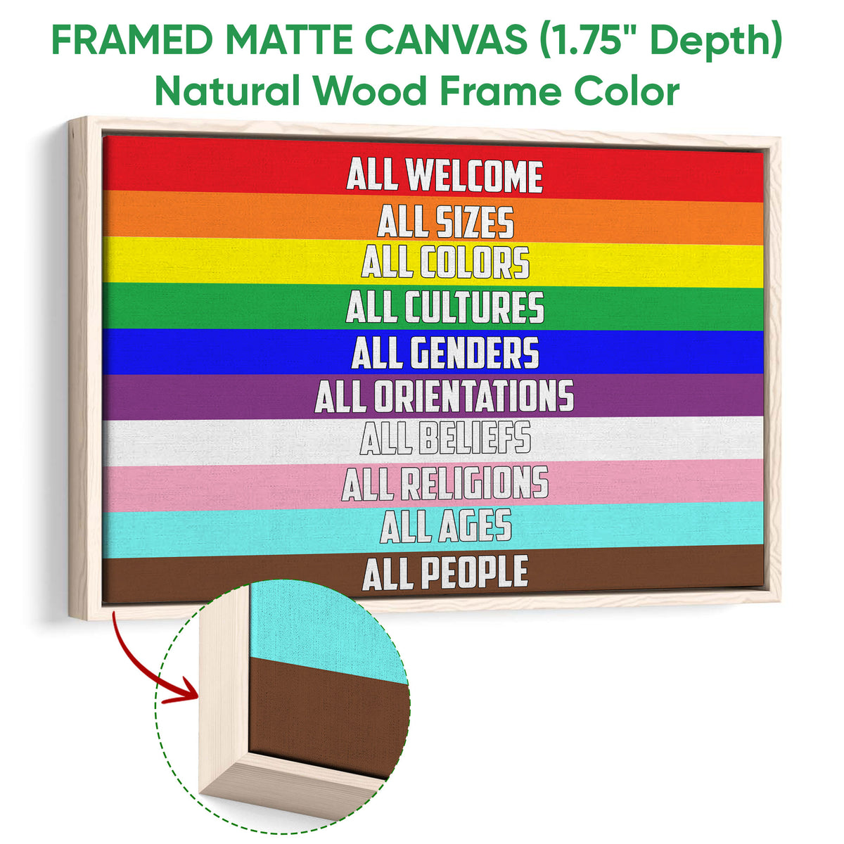 Natural wood framed LGBT canvas wall art with bright rainbow stripes and inclusive lettering
