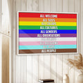 Inclusive LGBT rainbow wall art displayed in a bright home interior with white wood paneling