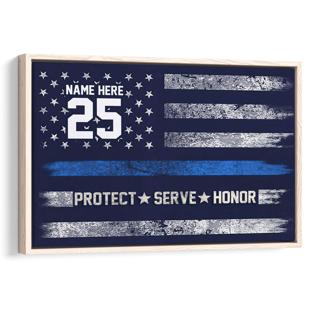 Framed police wall art with a blue and silver star-spangled service flag design