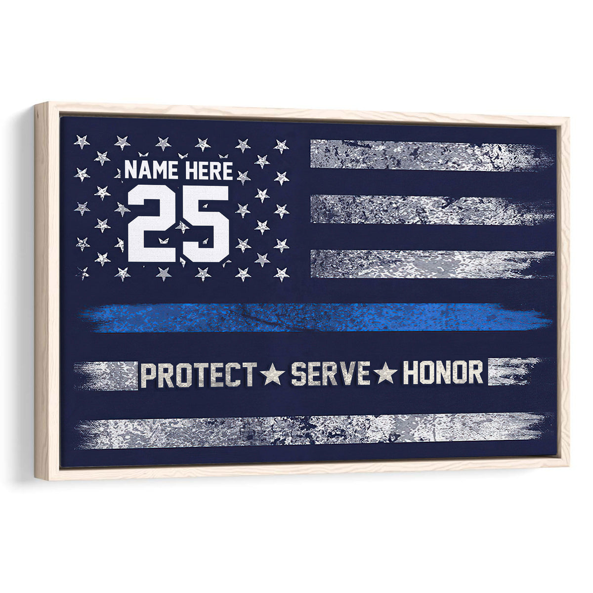 Framed police wall art with a blue and silver star-spangled service flag design