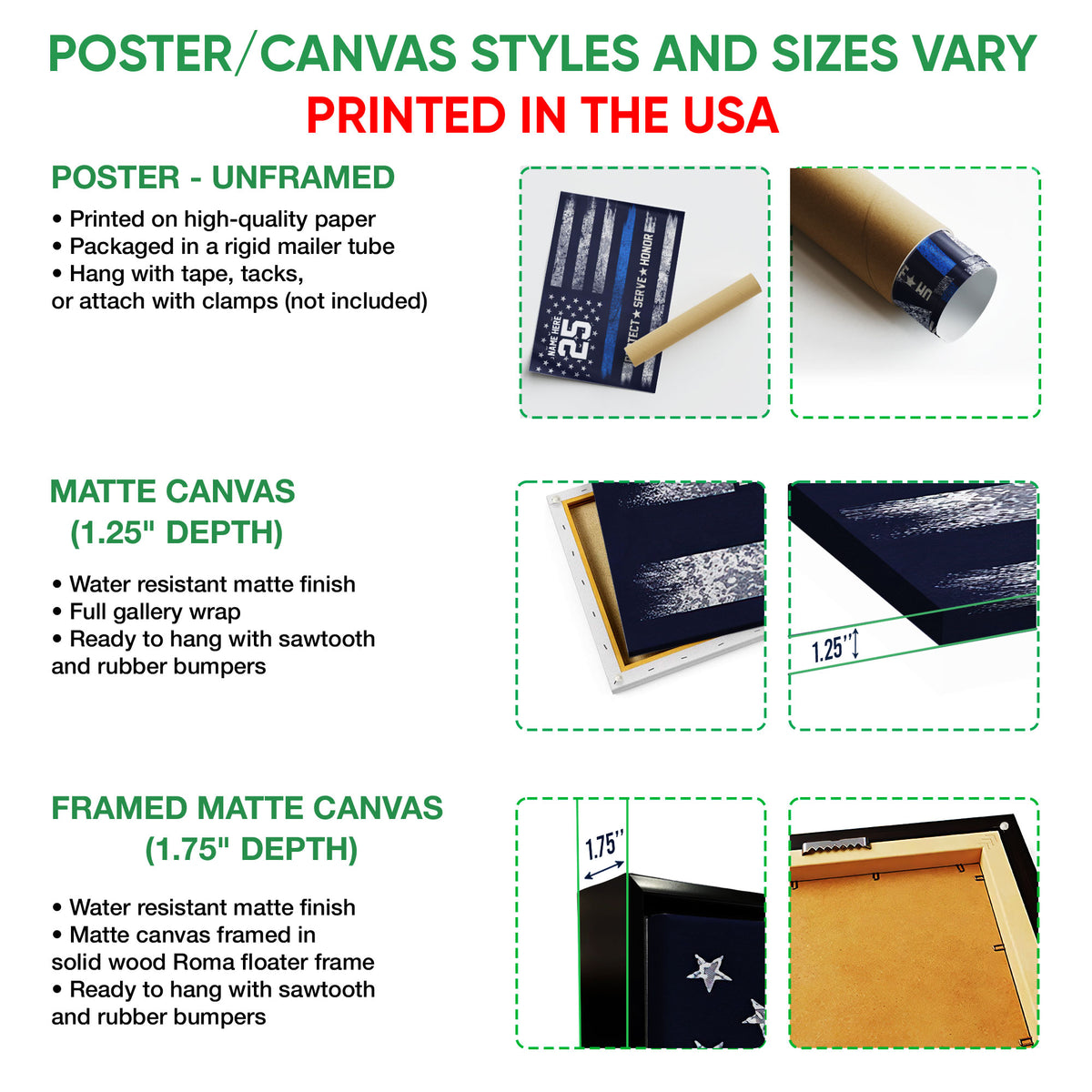 Police wall art format guide showing poster, matte canvas, and framed canvas options