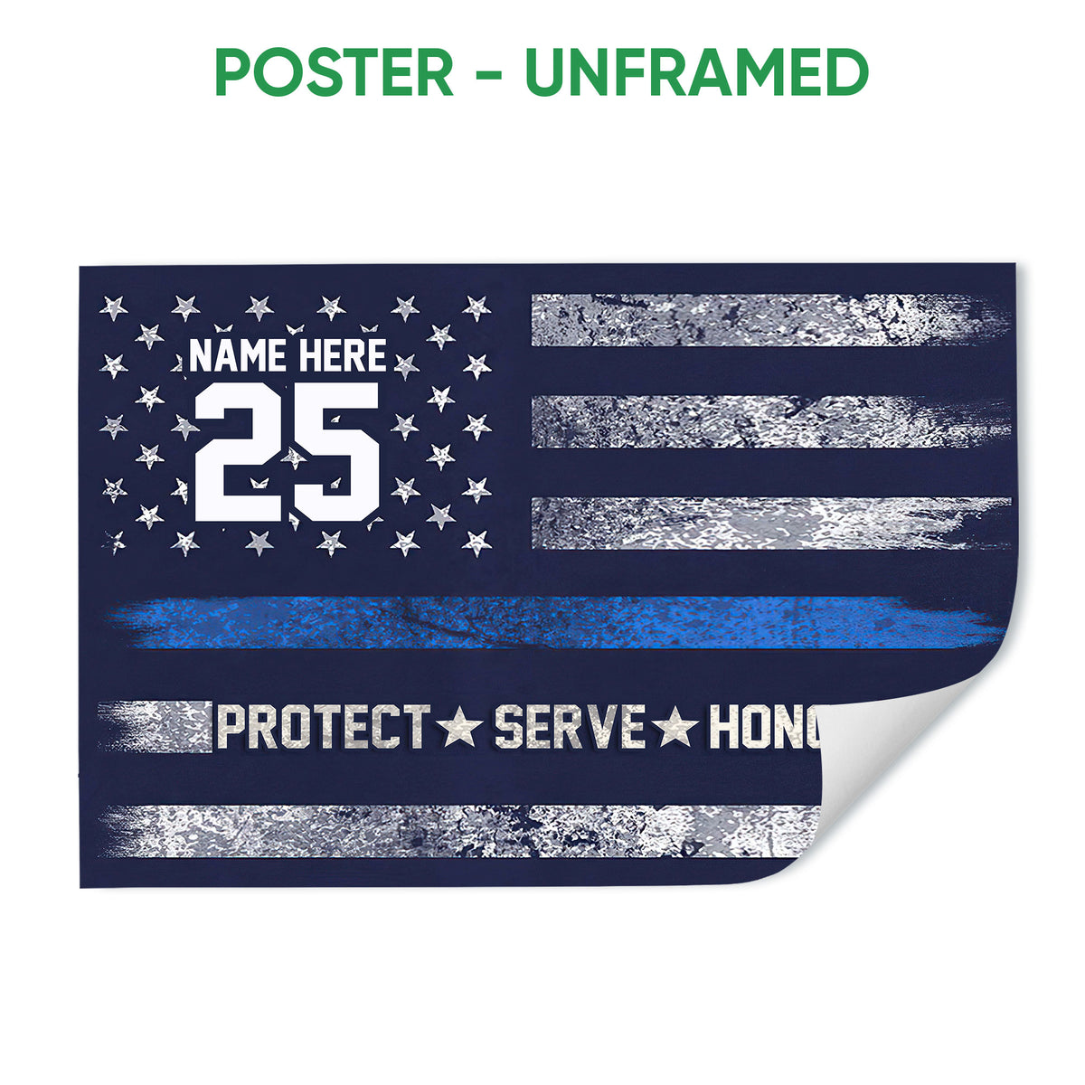 Unframed police poster featuring a blue and silver star-spangled flag design