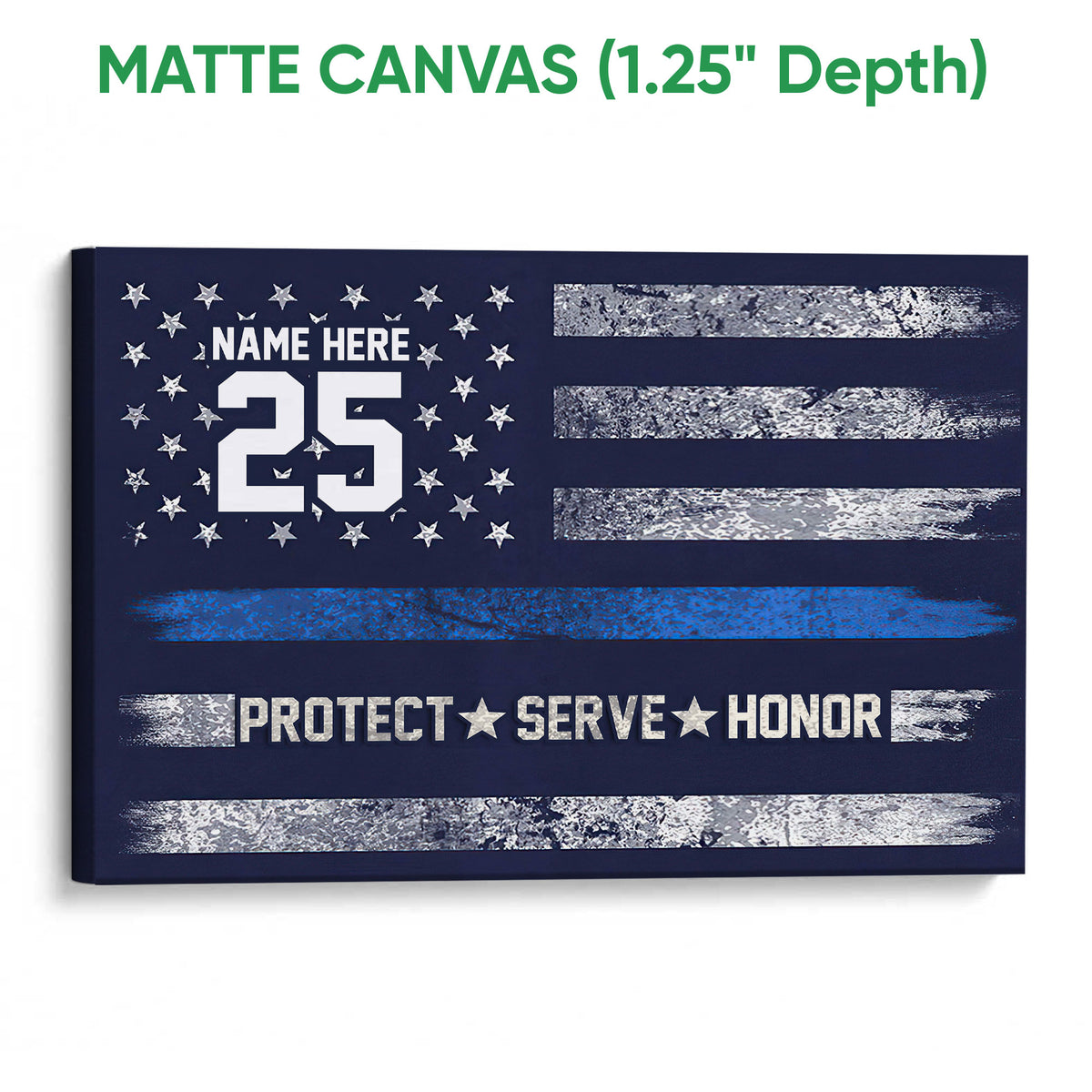 Matte canvas police wall art with blue and silver stripes and star details