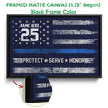 Black framed police canvas wall art with a blue and silver service flag design