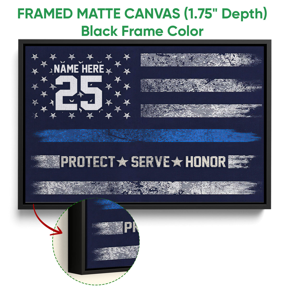 Black framed police canvas wall art with a blue and silver service flag design