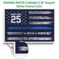 White framed police canvas wall art with blue and silver stripes and stars