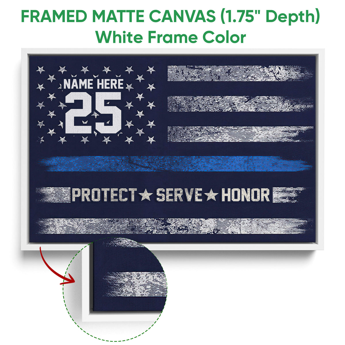 White framed police canvas wall art with blue and silver stripes and stars