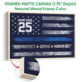 Natural wood framed police wall art with a blue and silver flag-inspired design