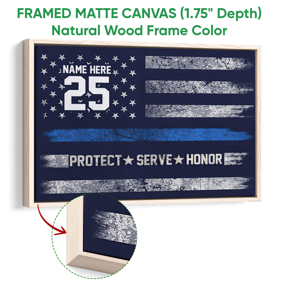 Natural wood framed police wall art with a blue and silver flag-inspired design