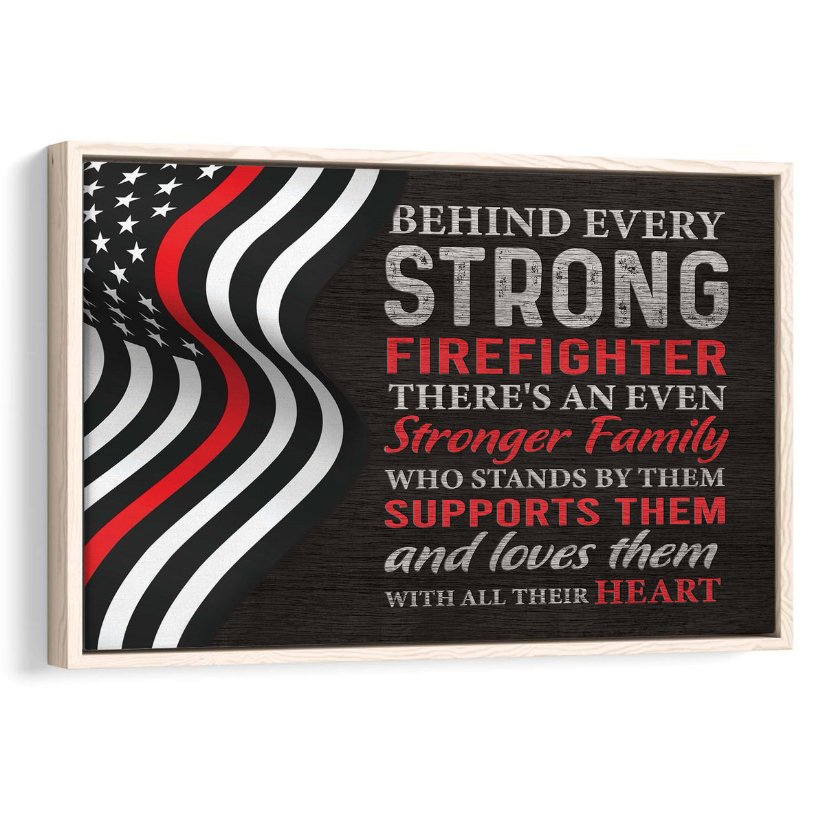 Framed firefighter wall art with a black, white and red American flag design