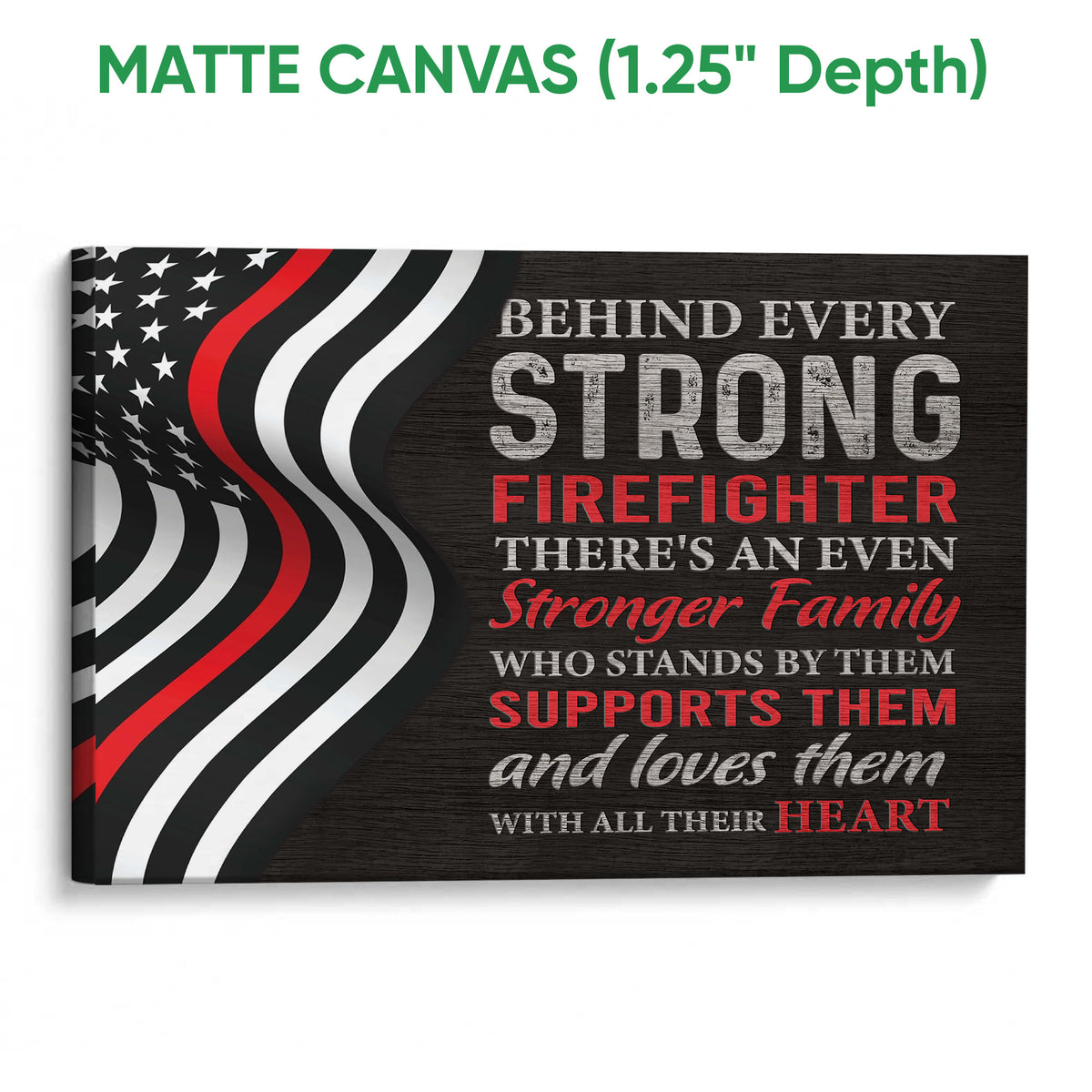 Matte canvas firefighter wall art with a wrapped edge and bold black, white and red artwork