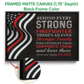 Framed firefighter canvas wall art shown with a black floater frame and close-up detail