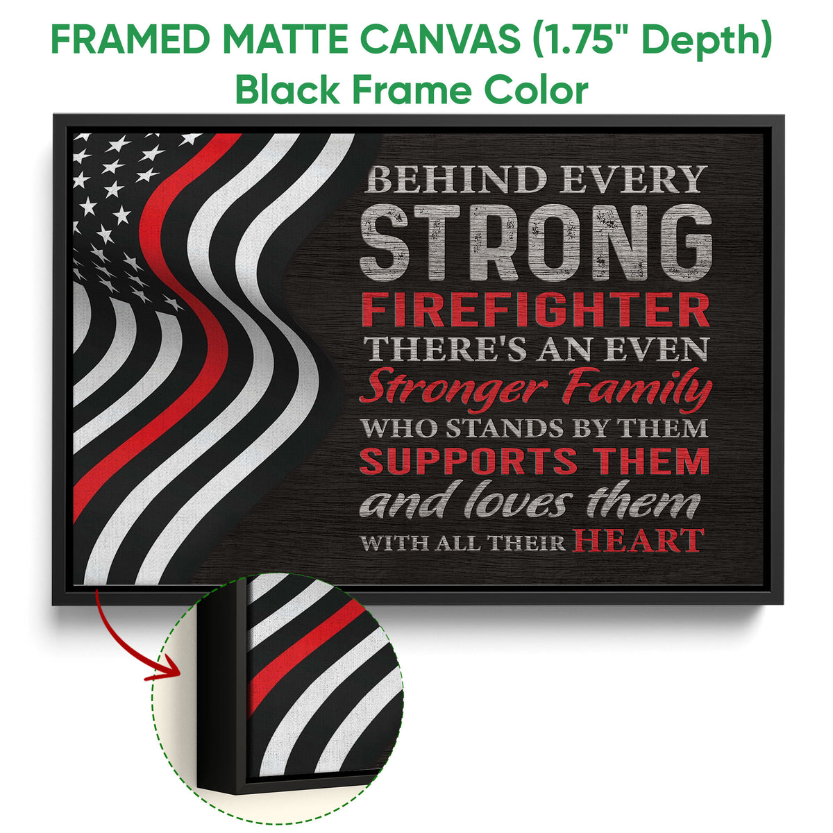 Framed firefighter canvas wall art shown with a black floater frame and close-up detail