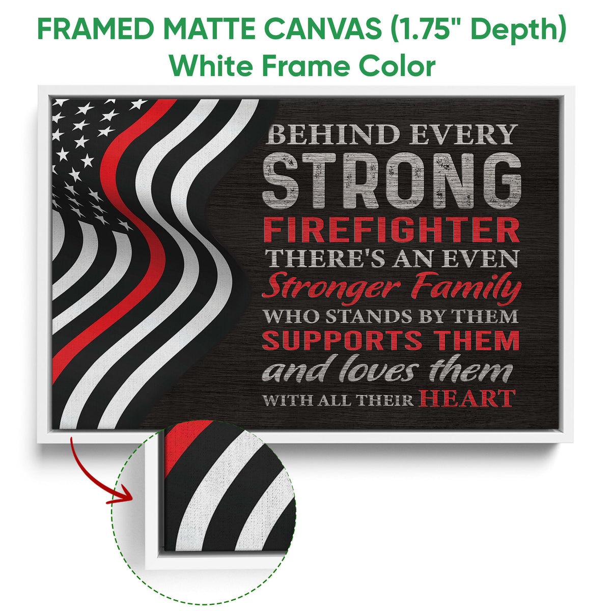 Framed firefighter canvas wall art shown with a white frame and textured artwork detail