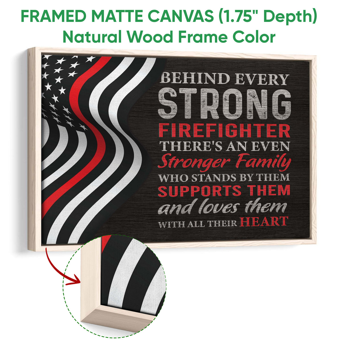 Framed firefighter canvas wall art shown with a natural wood frame and textured edge detail