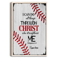 Framed baseball wall art with red stitching, a faith-inspired message, and a natural wood frame