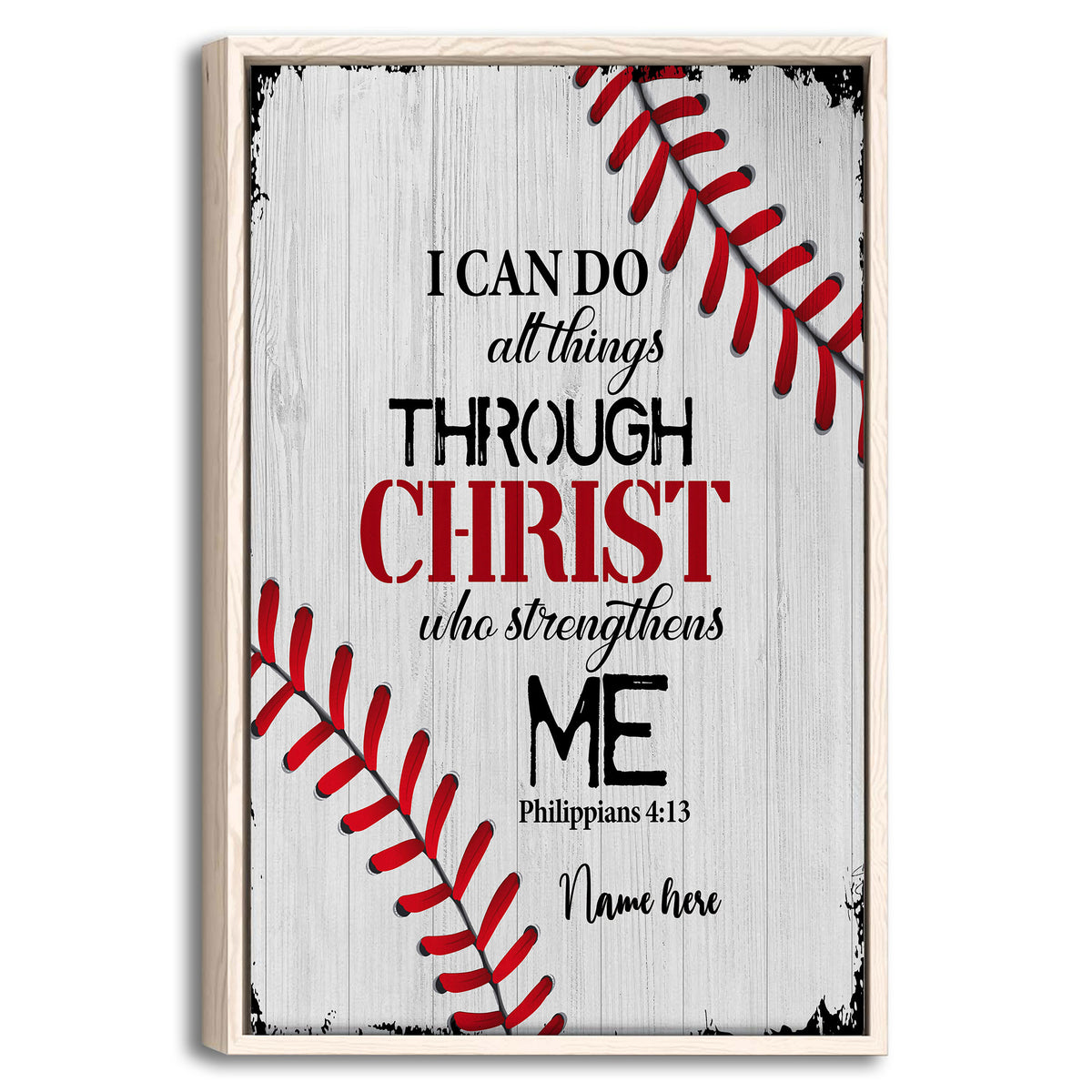 Framed baseball wall art with red stitching, a faith-inspired message, and a natural wood frame