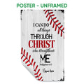 Unframed baseball poster with red stitching, bold faith-inspired typography, and a distressed wood background