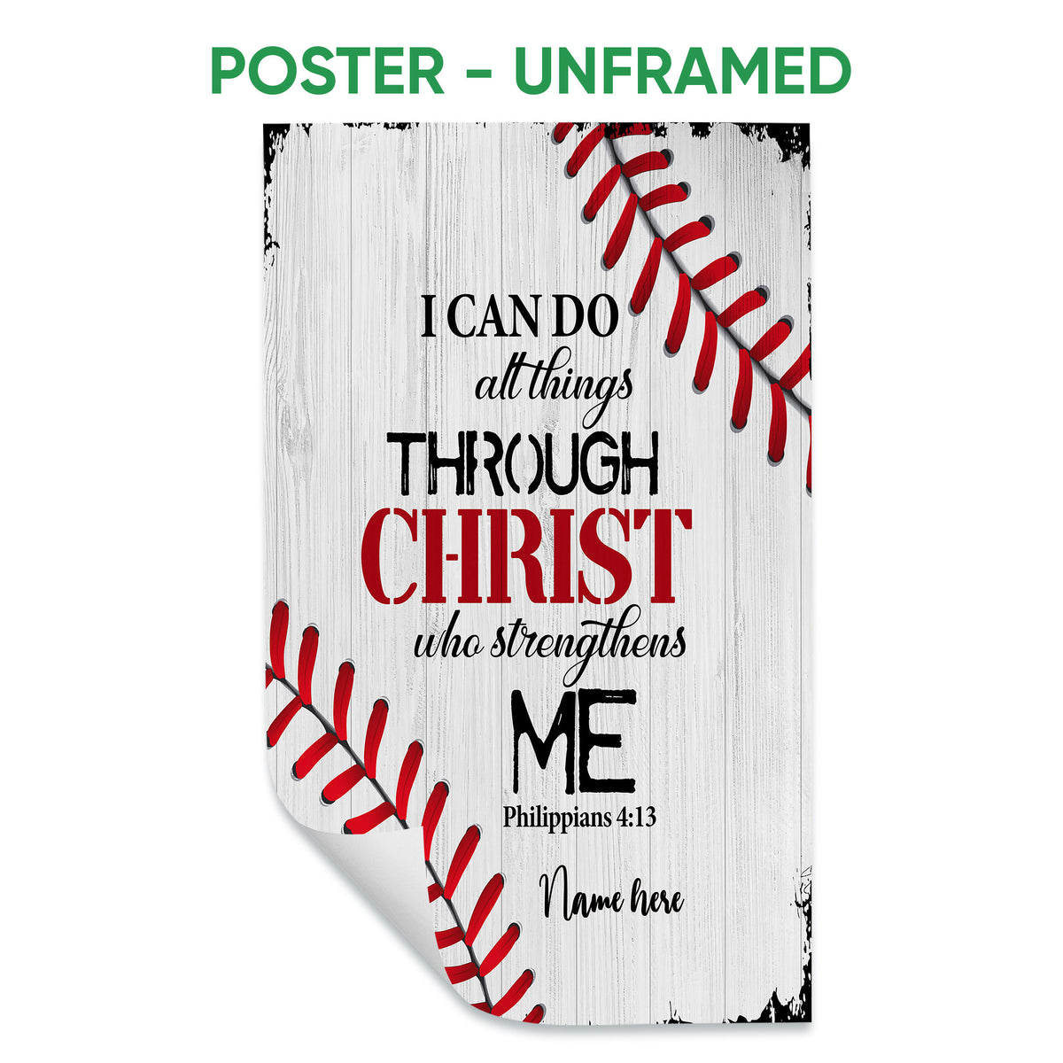 Unframed baseball poster with red stitching, bold faith-inspired typography, and a distressed wood background