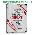 Matte canvas baseball wall art featuring red stitching, faith-inspired typography, and a light wood background