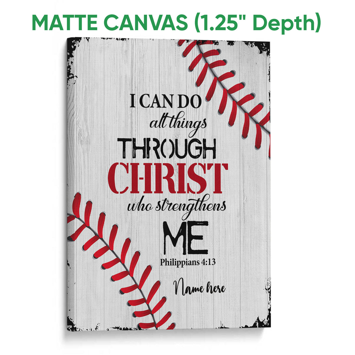 Matte canvas baseball wall art featuring red stitching, faith-inspired typography, and a light wood background