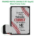 Black framed canvas baseball wall art with red stitching and a bold faith-inspired message