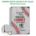 White framed canvas baseball wall art with red stitching and a faith-inspired typography design
