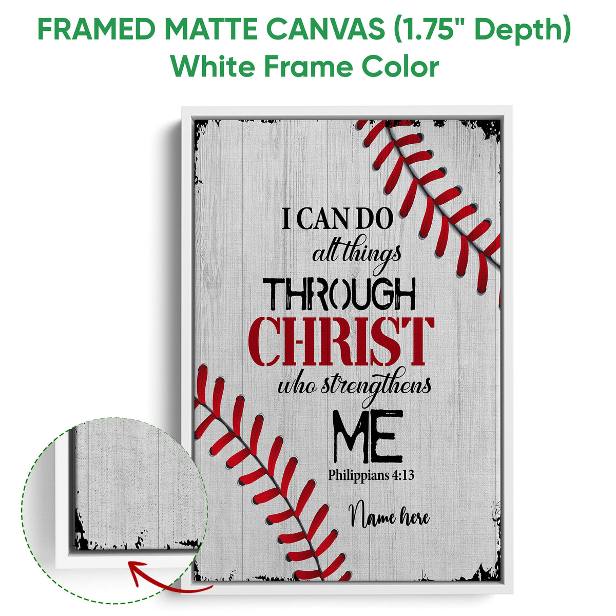 White framed canvas baseball wall art with red stitching and a faith-inspired typography design
