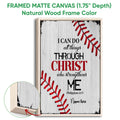 Natural wood framed canvas baseball wall art with red stitching and a faith-inspired message