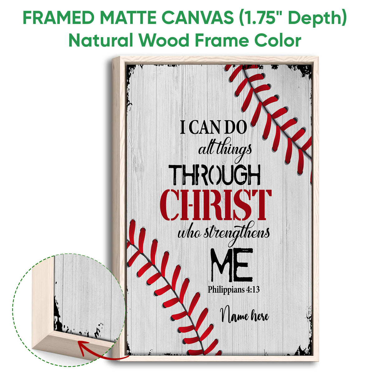 Natural wood framed canvas baseball wall art with red stitching and a faith-inspired message