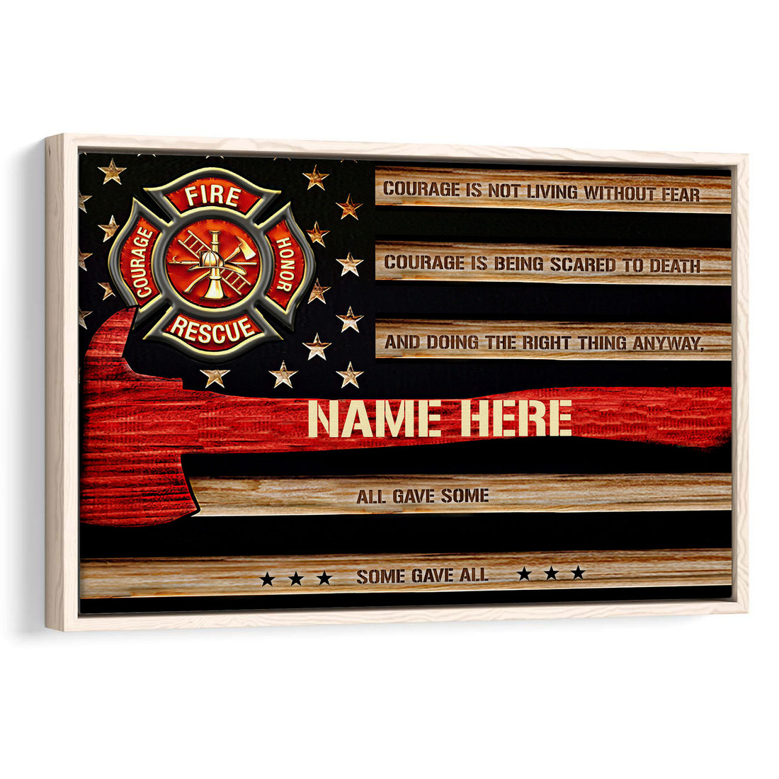 Framed firefighter wall art featuring a fire rescue emblem, stars, red woodgrain stripes, and inspirational text