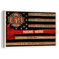 Framed firefighter wall art featuring a fire rescue emblem, stars, red woodgrain stripes, and inspirational text